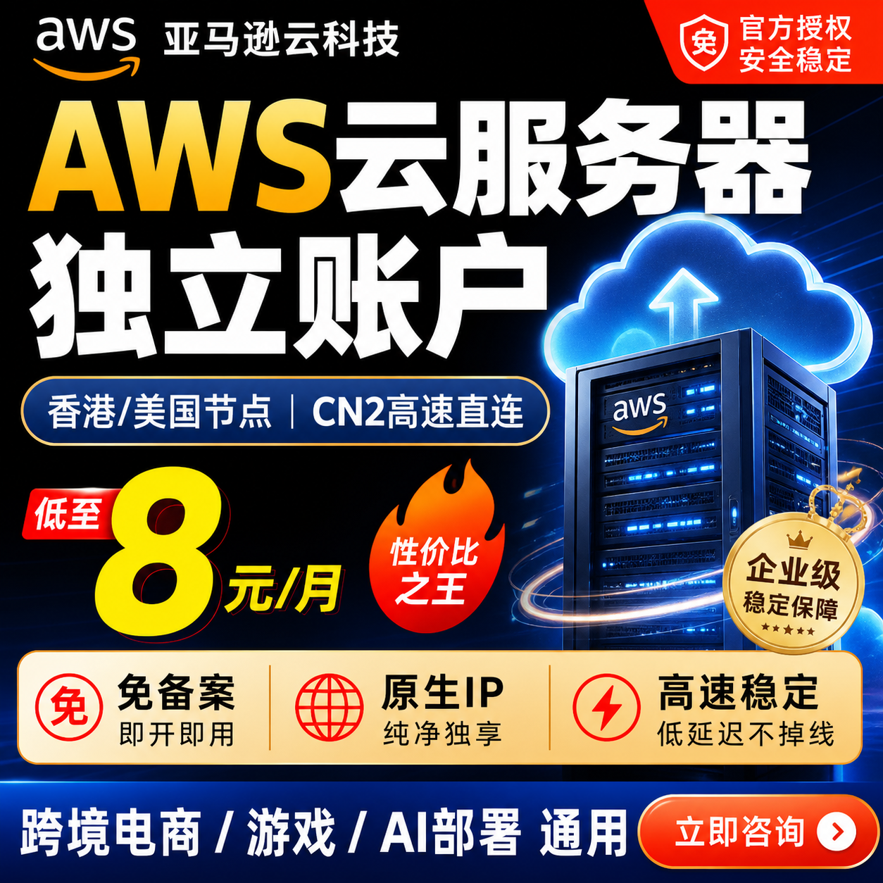 免备案AWS亚马逊云服务器：原生IP纯净独享，CN2直连助力跨境电商与AI部署快速上线